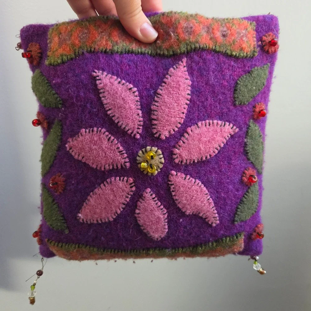 Handmade Purple Wool Felt Floral Pillow Velvet Hippie 9 Inch